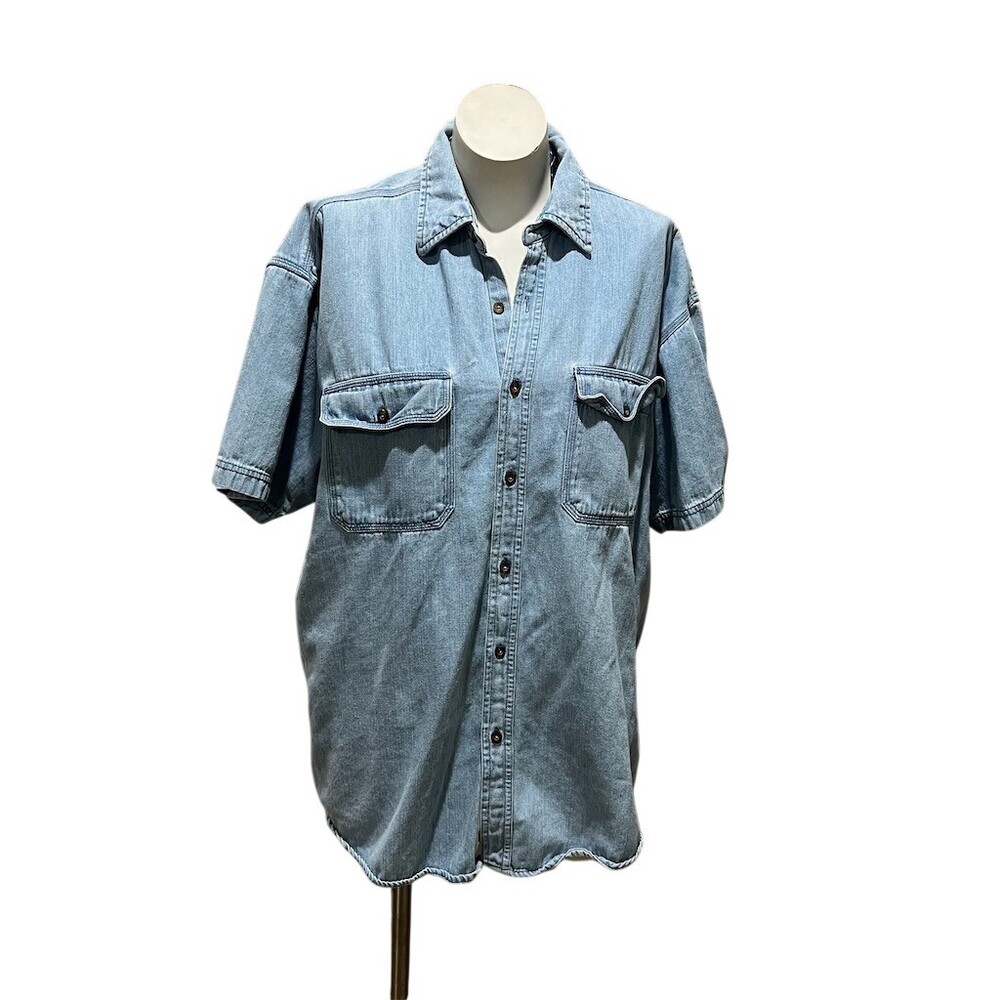 Faded Glory Mens XL Light Wash Denim Button Up Shirt Short Sleeve 2 Pocket